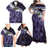 Purple Traditional Cloak Aotearoa Family Matching Off Shoulder Maxi Dress and Hawaiian Shirt Maori Paua Shell Korowai Pattern LT14 - Polynesian Pride