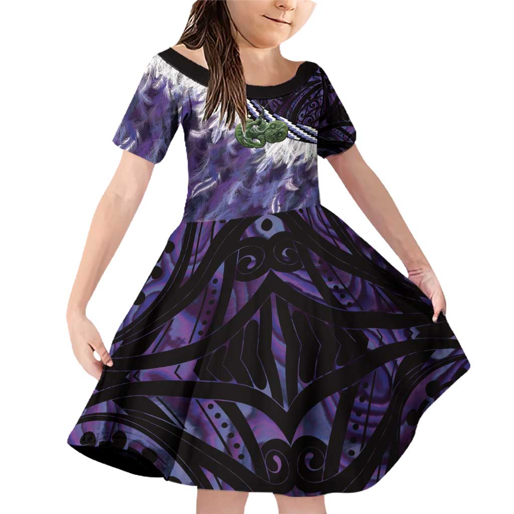 Purple Traditional Cloak Aotearoa Family Matching Off Shoulder Short Dress and Hawaiian Shirt Maori Paua Shell Korowai Pattern LT14 Daughter's Dress Purple - Polynesian Pride