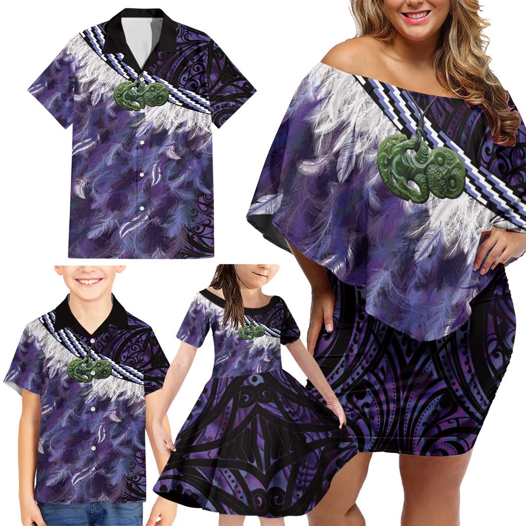 Purple Traditional Cloak Aotearoa Family Matching Off Shoulder Short Dress and Hawaiian Shirt Maori Paua Shell Korowai Pattern LT14 - Polynesian Pride