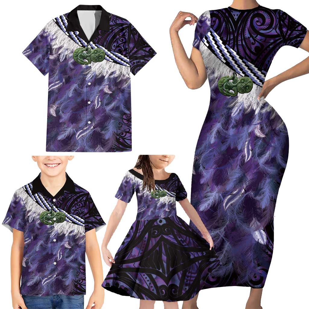 Purple Traditional Cloak Aotearoa Family Matching Short Sleeve Bodycon Dress and Hawaiian Shirt Maori Paua Shell Korowai Pattern LT14 - Polynesian Pride