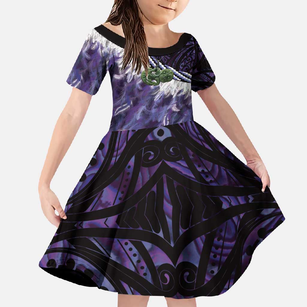 Purple Traditional Cloak Aotearoa Family Matching Summer Maxi Dress and Hawaiian Shirt Maori Paua Shell Korowai Pattern LT14 Daughter's Dress Purple - Polynesian Pride