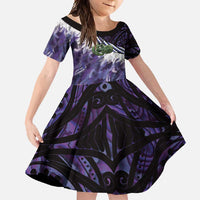 Purple Traditional Cloak Aotearoa Family Matching Tank Maxi Dress and Hawaiian Shirt Maori Paua Shell Korowai Pattern LT14 Daughter's Dress Purple - Polynesian Pride