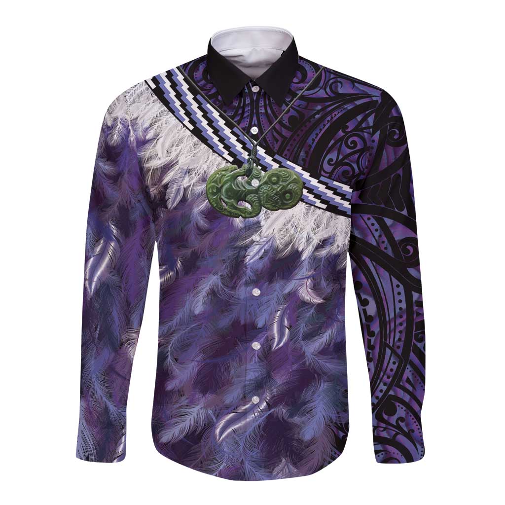 Purple Traditional Cloak Aotearoa Long Sleeve Button Shirt Maori Paua Shell Korowai Pattern