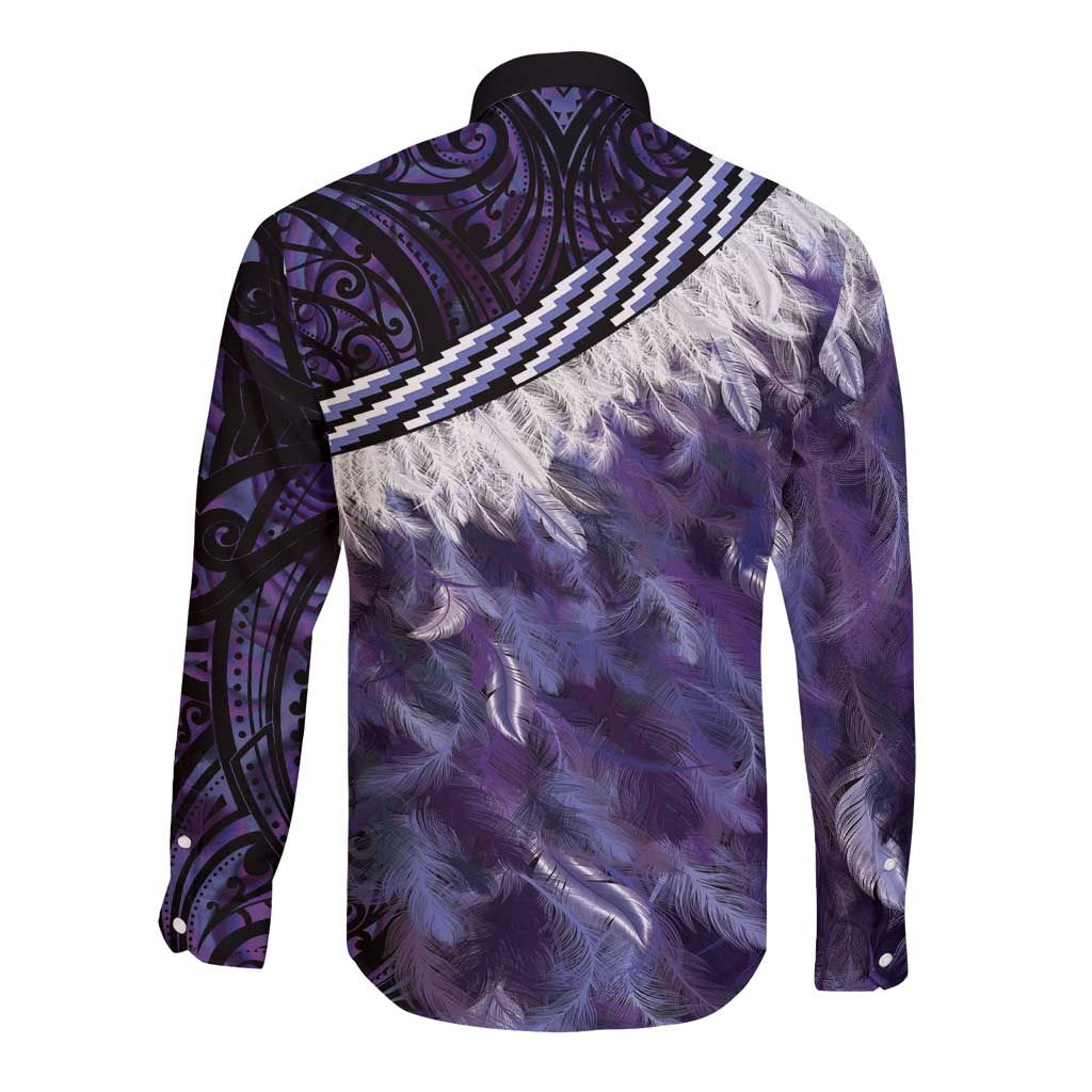 Purple Traditional Cloak Aotearoa Long Sleeve Button Shirt Maori Paua Shell Korowai Pattern