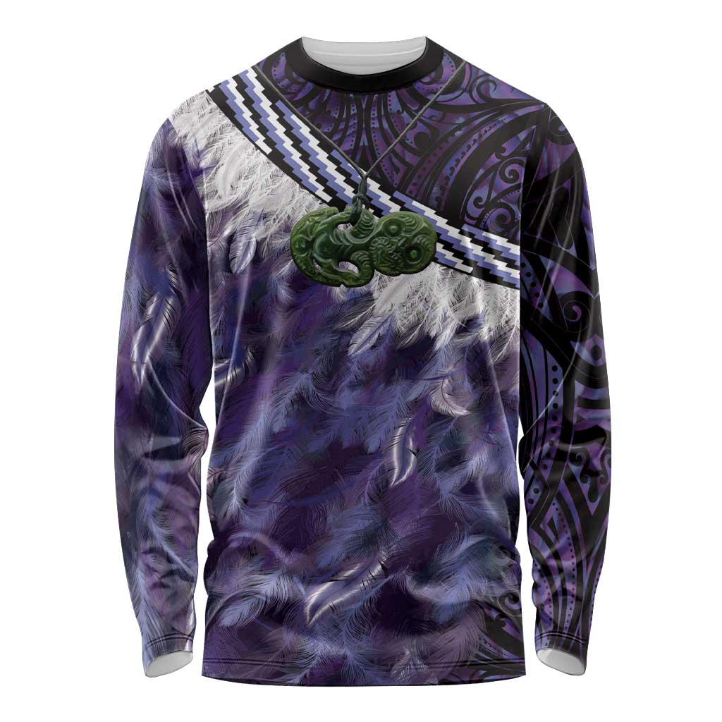 Purple Traditional Cloak Aotearoa Long Sleeve Shirt Maori Paua Shell Korowai Pattern