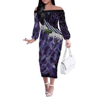 Purple Traditional Cloak Aotearoa Off The Shoulder Long Sleeve Dress Maori Paua Shell Korowai Pattern