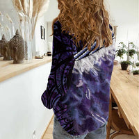 Purple Traditional Cloak Aotearoa Women Casual Shirt Maori Paua Shell Korowai Pattern