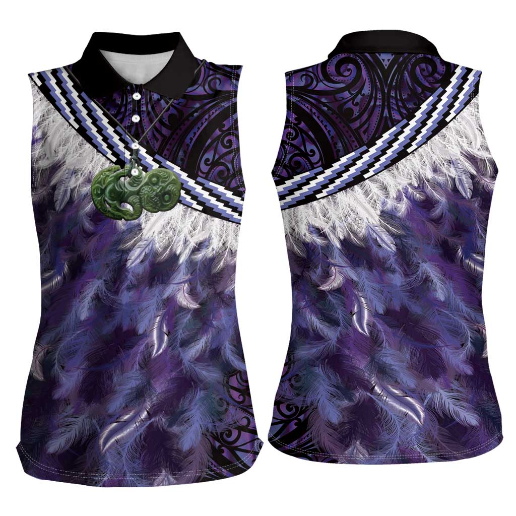 Purple Traditional Cloak Aotearoa Women Sleeveless Polo Shirt Maori Paua Shell Korowai Pattern LT14 - Polynesian Pride