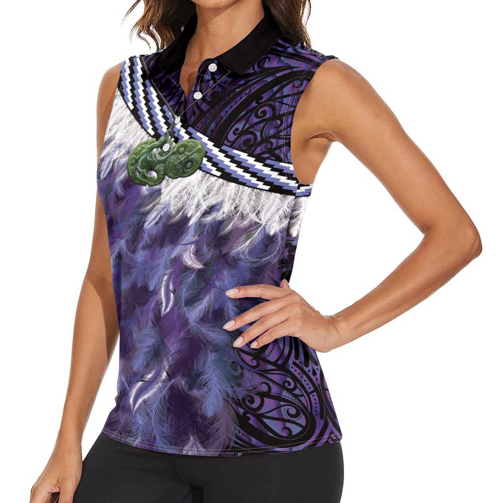 Purple Traditional Cloak Aotearoa Women Sleeveless Polo Shirt Maori Paua Shell Korowai Pattern LT14 - Polynesian Pride