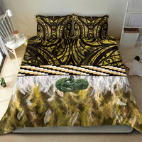 Yellow Traditional Cloak Aotearoa Bedding Set Maori Paua Shell Korowai Pattern