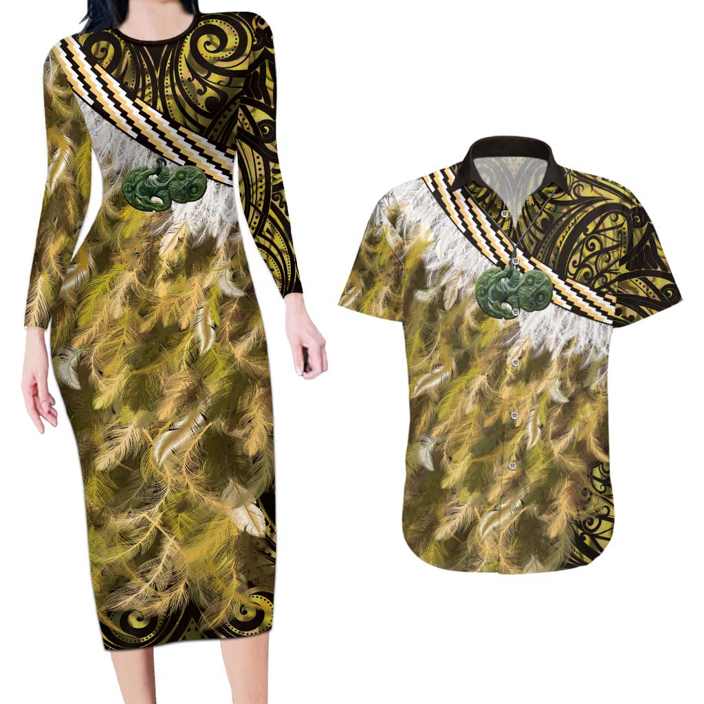 Yellow Traditional Cloak Aotearoa Couples Matching Long Sleeve Bodycon Dress and Hawaiian Shirt Maori Paua Shell Korowai Pattern LT14 Yellow - Polynesian Pride