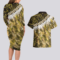 Yellow Traditional Cloak Aotearoa Couples Matching Long Sleeve Bodycon Dress and Hawaiian Shirt Maori Paua Shell Korowai Pattern LT14 - Polynesian Pride