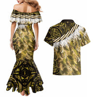 Yellow Traditional Cloak Aotearoa Couples Matching Mermaid Dress and Hawaiian Shirt Maori Paua Shell Korowai Pattern LT14 - Polynesian Pride