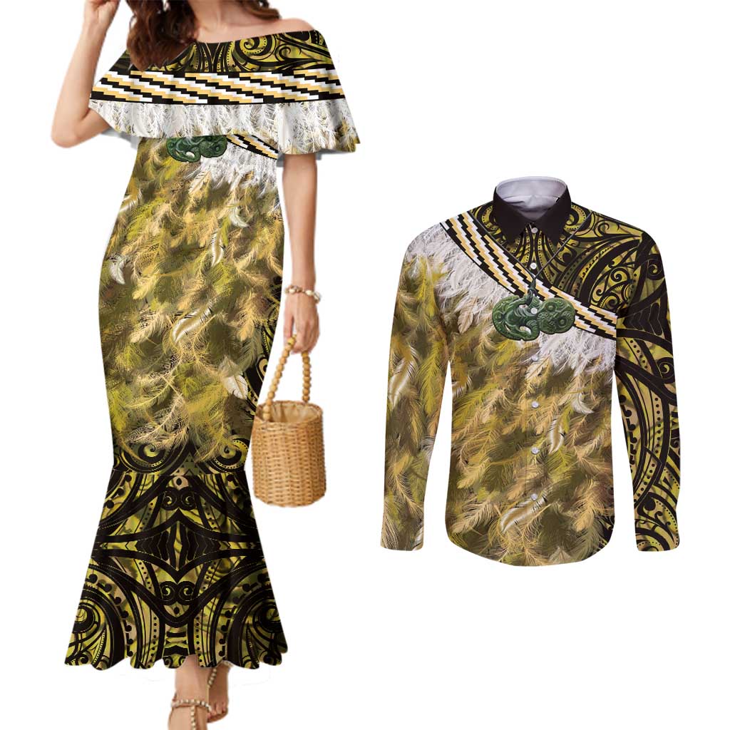 Yellow Traditional Cloak Aotearoa Couples Matching Mermaid Dress and Long Sleeve Button Shirt Maori Paua Shell Korowai Pattern LT14 Yellow - Polynesian Pride