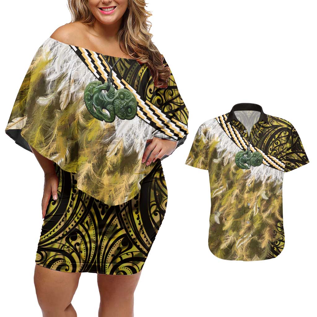 Yellow Traditional Cloak Aotearoa Couples Matching Off Shoulder Short Dress and Hawaiian Shirt Maori Paua Shell Korowai Pattern LT14 Yellow - Polynesian Pride