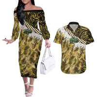 Yellow Traditional Cloak Aotearoa Couples Matching Off The Shoulder Long Sleeve Dress and Hawaiian Shirt Maori Paua Shell Korowai Pattern LT14 Yellow - Polynesian Pride
