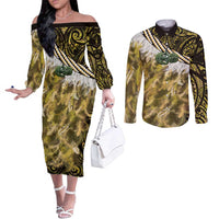 Yellow Traditional Cloak Aotearoa Couples Matching Off The Shoulder Long Sleeve Dress and Long Sleeve Button Shirt Maori Paua Shell Korowai Pattern LT14 Yellow - Polynesian Pride