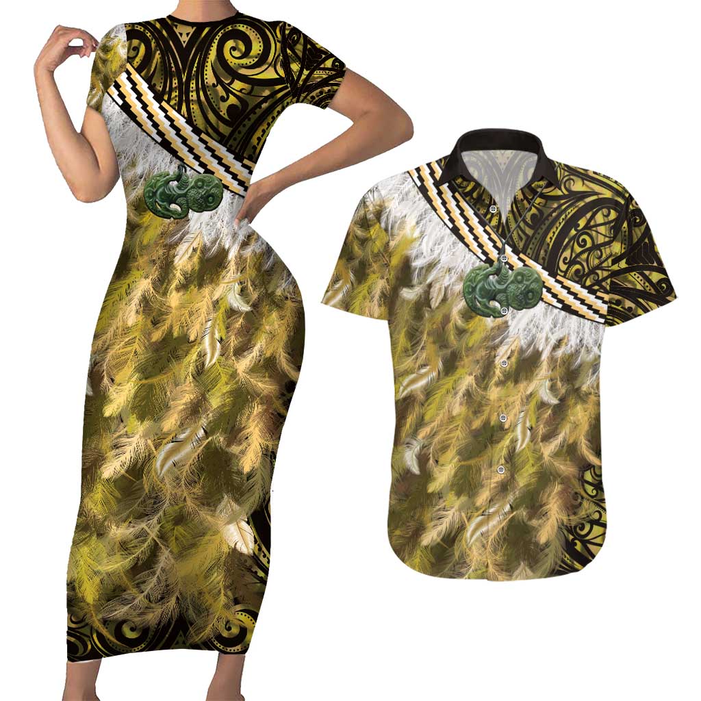 Yellow Traditional Cloak Aotearoa Couples Matching Short Sleeve Bodycon Dress and Hawaiian Shirt Maori Paua Shell Korowai Pattern LT14 Yellow - Polynesian Pride