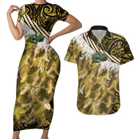 Yellow Traditional Cloak Aotearoa Couples Matching Short Sleeve Bodycon Dress and Hawaiian Shirt Maori Paua Shell Korowai Pattern LT14 Yellow - Polynesian Pride
