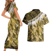 Yellow Traditional Cloak Aotearoa Couples Matching Short Sleeve Bodycon Dress and Hawaiian Shirt Maori Paua Shell Korowai Pattern LT14 - Polynesian Pride