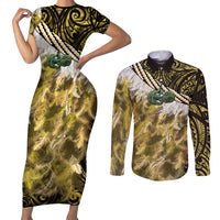 Yellow Traditional Cloak Aotearoa Couples Matching Short Sleeve Bodycon Dress and Long Sleeve Button Shirt Maori Paua Shell Korowai Pattern LT14 Yellow - Polynesian Pride