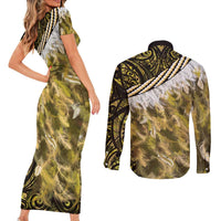 Yellow Traditional Cloak Aotearoa Couples Matching Short Sleeve Bodycon Dress and Long Sleeve Button Shirt Maori Paua Shell Korowai Pattern LT14 - Polynesian Pride