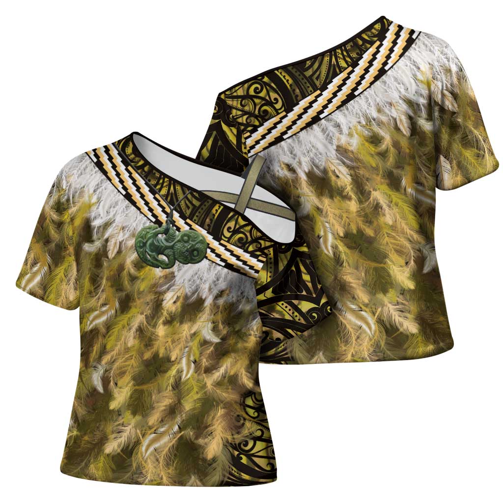 Yellow Traditional Cloak Aotearoa Cross Shoulder Shirt Maori Paua Shell Korowai Pattern - Polynesian Pride