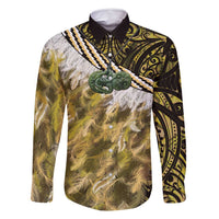 Yellow Traditional Cloak Aotearoa Family Matching Long Sleeve Bodycon Dress and Hawaiian Shirt Maori Paua Shell Korowai Pattern LT14 Dad's Shirt - Long Sleeve Yellow - Polynesian Pride