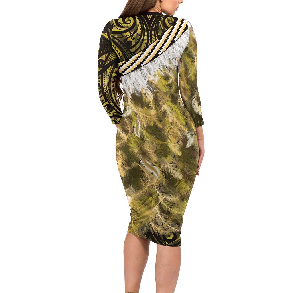 Yellow Traditional Cloak Aotearoa Family Matching Long Sleeve Bodycon Dress and Hawaiian Shirt Maori Paua Shell Korowai Pattern LT14 - Polynesian Pride