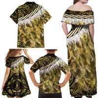 Yellow Traditional Cloak Aotearoa Family Matching Off Shoulder Maxi Dress and Hawaiian Shirt Maori Paua Shell Korowai Pattern LT14 - Polynesian Pride