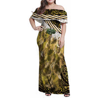 Yellow Traditional Cloak Aotearoa Family Matching Off Shoulder Maxi Dress and Hawaiian Shirt Maori Paua Shell Korowai Pattern LT14 Mom's Dress Yellow - Polynesian Pride