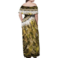 Yellow Traditional Cloak Aotearoa Family Matching Off Shoulder Maxi Dress and Hawaiian Shirt Maori Paua Shell Korowai Pattern LT14 - Polynesian Pride