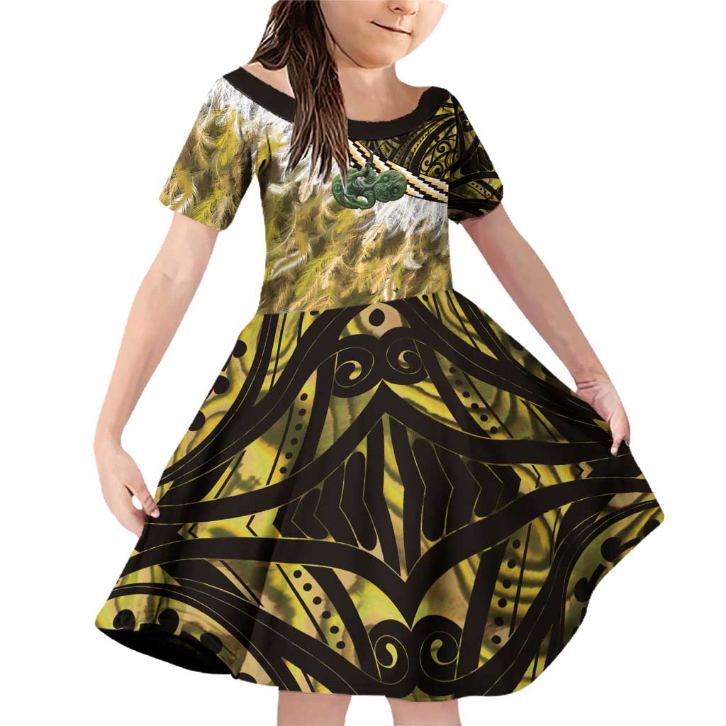 Yellow Traditional Cloak Aotearoa Family Matching Off Shoulder Short Dress and Hawaiian Shirt Maori Paua Shell Korowai Pattern LT14 Daughter's Dress Yellow - Polynesian Pride