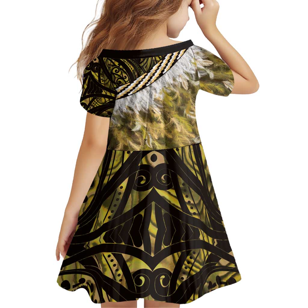 Yellow Traditional Cloak Aotearoa Family Matching Off Shoulder Short Dress and Hawaiian Shirt Maori Paua Shell Korowai Pattern LT14 - Polynesian Pride