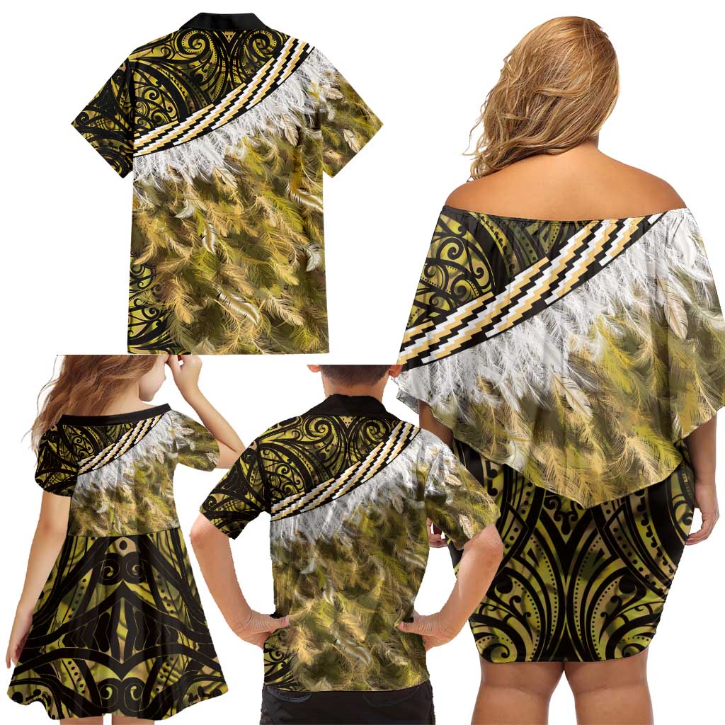 Yellow Traditional Cloak Aotearoa Family Matching Off Shoulder Short Dress and Hawaiian Shirt Maori Paua Shell Korowai Pattern LT14 - Polynesian Pride