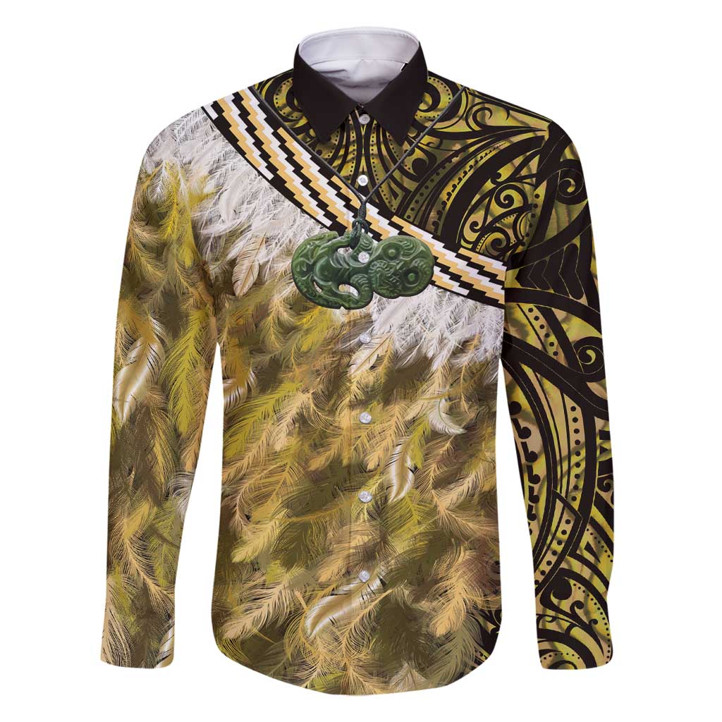 Yellow Traditional Cloak Aotearoa Family Matching Off Shoulder Short Dress and Hawaiian Shirt Maori Paua Shell Korowai Pattern LT14 Dad's Shirt - Long Sleeve Yellow - Polynesian Pride