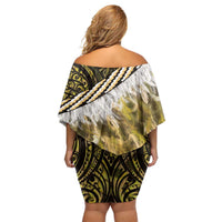 Yellow Traditional Cloak Aotearoa Family Matching Off Shoulder Short Dress and Hawaiian Shirt Maori Paua Shell Korowai Pattern LT14 - Polynesian Pride