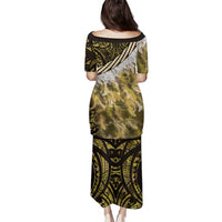 Yellow Traditional Cloak Aotearoa Family Matching Puletasi and Hawaiian Shirt Maori Paua Shell Korowai Pattern LT14 - Polynesian Pride