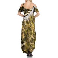 Yellow Traditional Cloak Aotearoa Family Matching Summer Maxi Dress and Hawaiian Shirt Maori Paua Shell Korowai Pattern LT14 - Polynesian Pride