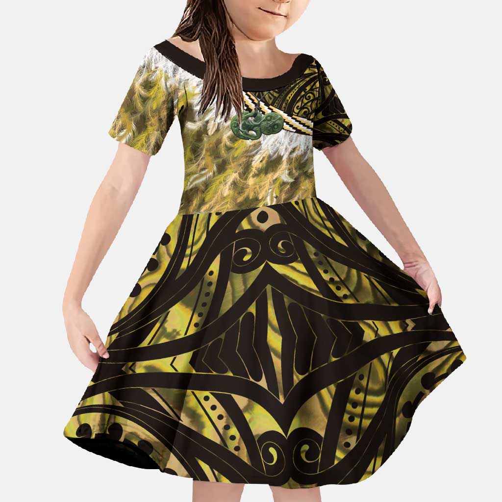 Yellow Traditional Cloak Aotearoa Family Matching Tank Maxi Dress and Hawaiian Shirt Maori Paua Shell Korowai Pattern LT14 Daughter's Dress Yellow - Polynesian Pride
