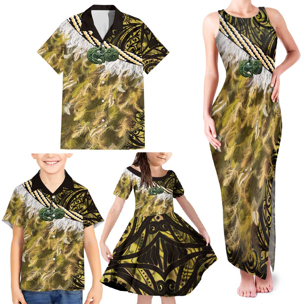 Yellow Traditional Cloak Aotearoa Family Matching Tank Maxi Dress and Hawaiian Shirt Maori Paua Shell Korowai Pattern LT14 - Polynesian Pride