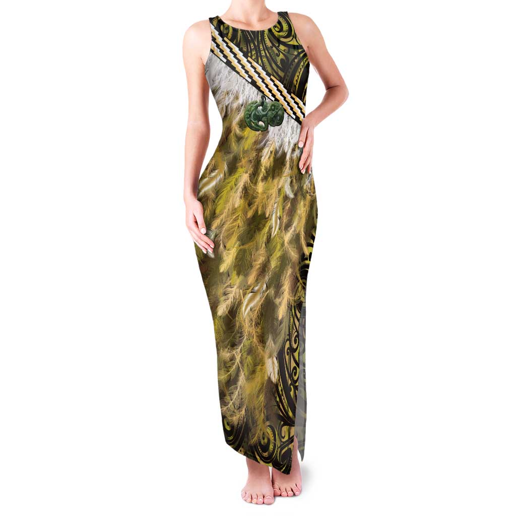 Yellow Traditional Cloak Aotearoa Family Matching Tank Maxi Dress and Hawaiian Shirt Maori Paua Shell Korowai Pattern LT14 Mom's Dress Yellow - Polynesian Pride