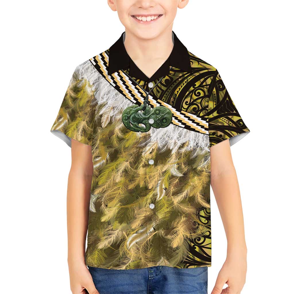 Yellow Traditional Cloak Aotearoa Family Matching Tank Maxi Dress and Hawaiian Shirt Maori Paua Shell Korowai Pattern LT14 Son's Shirt Yellow - Polynesian Pride