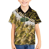 Yellow Traditional Cloak Aotearoa Family Matching Tank Maxi Dress and Hawaiian Shirt Maori Paua Shell Korowai Pattern LT14 Son's Shirt Yellow - Polynesian Pride
