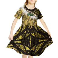 Yellow Traditional Cloak Aotearoa Kid Short Sleeve Dress Maori Paua Shell Korowai Pattern