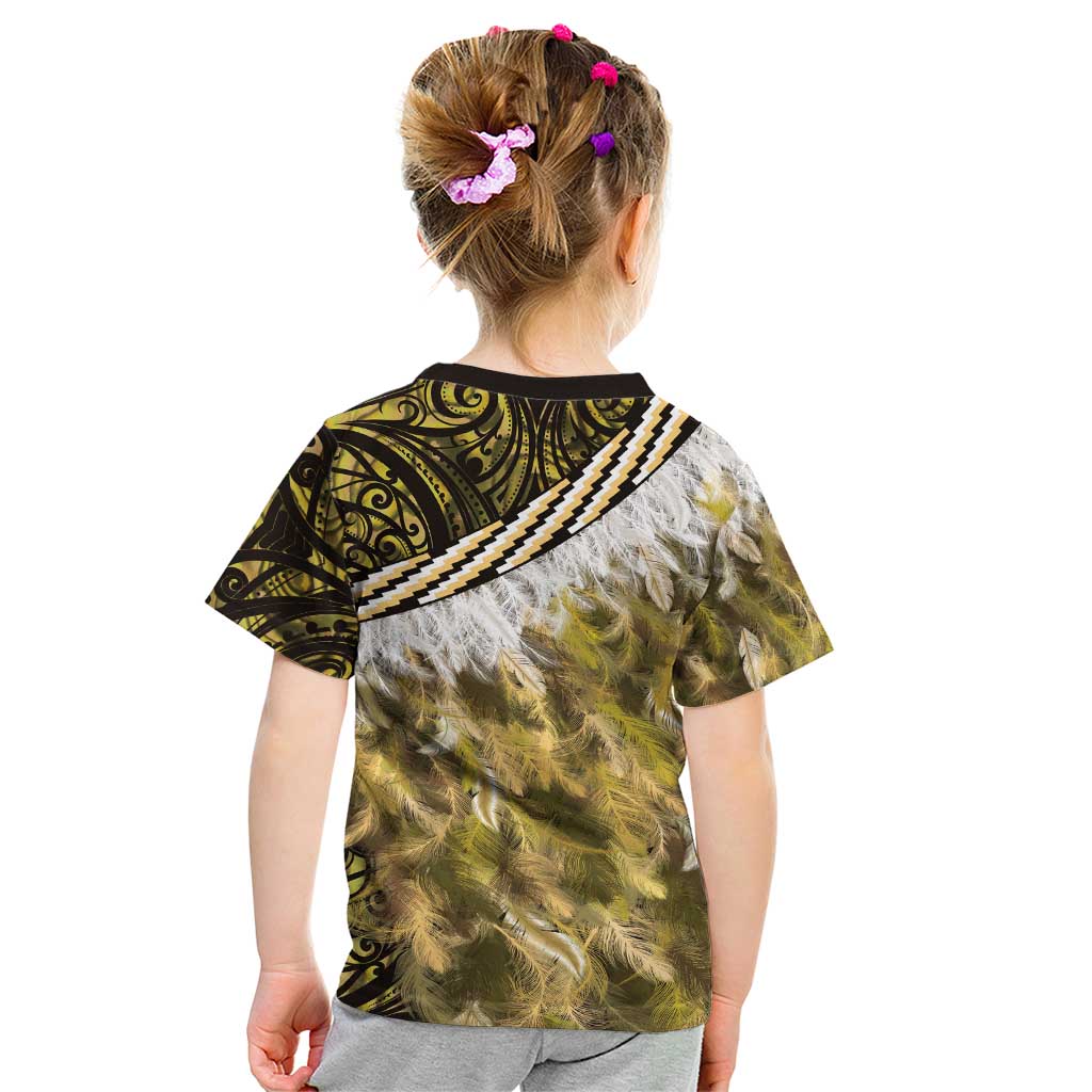 Yellow Traditional Cloak Aotearoa Kid T Shirt Maori Paua Shell Korowai Pattern