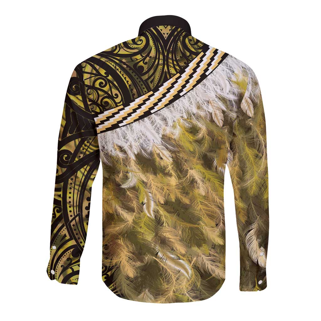 Yellow Traditional Cloak Aotearoa Long Sleeve Button Shirt Maori Paua Shell Korowai Pattern