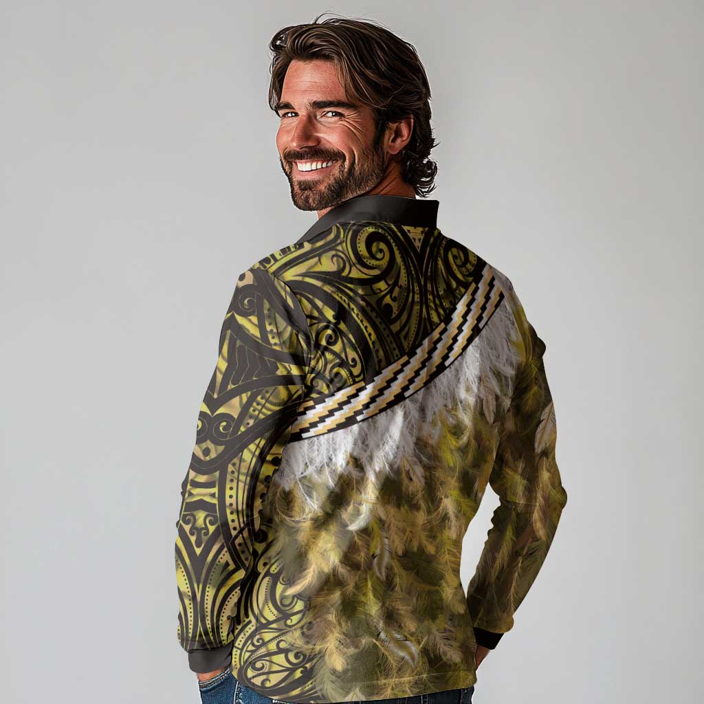 Yellow Traditional Cloak Aotearoa Long Sleeve Polo Shirt Maori Paua Shell Korowai Pattern