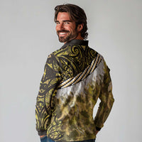 Yellow Traditional Cloak Aotearoa Long Sleeve Polo Shirt Maori Paua Shell Korowai Pattern
