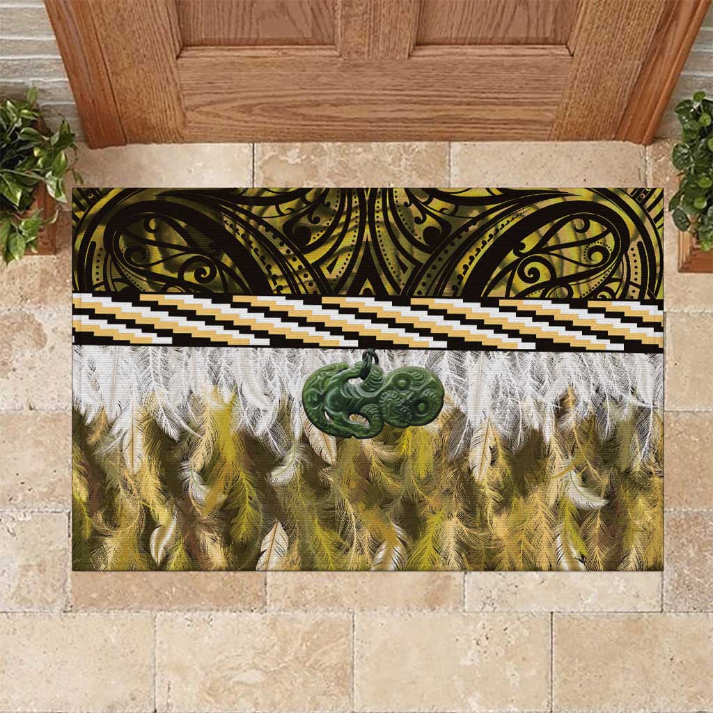 Yellow Traditional Cloak Aotearoa Rubber Doormat Maori Paua Shell Korowai Pattern
